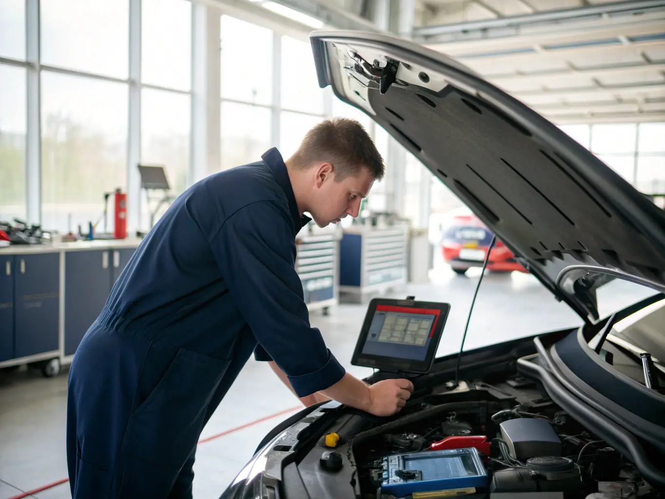 A Groupe GO2R mechanic diligently working on a car engine in a clean and organized workshop, representing the commitment to quality and expertise.