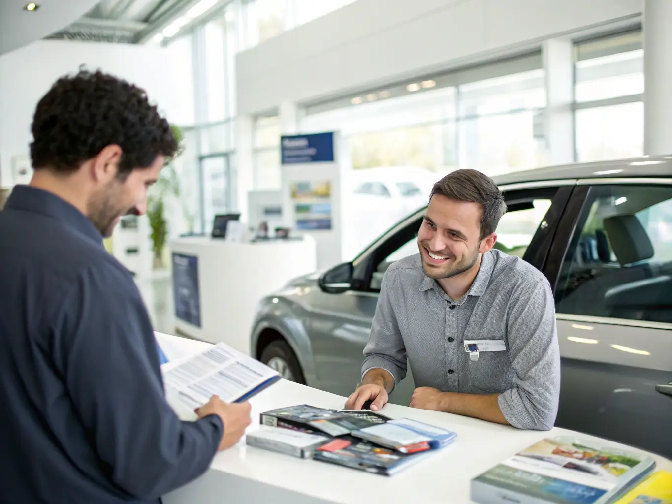 A close-up shot of a friendly service advisor shaking hands with a customer in a Groupe GO2R dealership, symbolizing the value of proximity and personalized service.