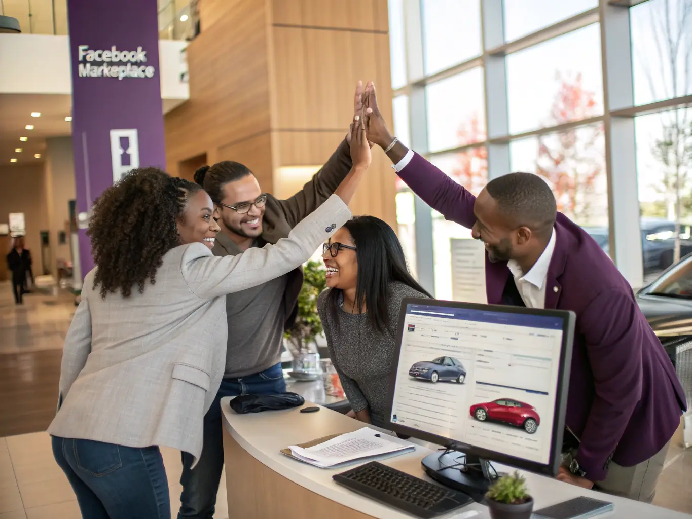 A diverse group of Groupe GO2R employees smiling and working together in a modern dealership setting, illustrating the value of trust and teamwork.